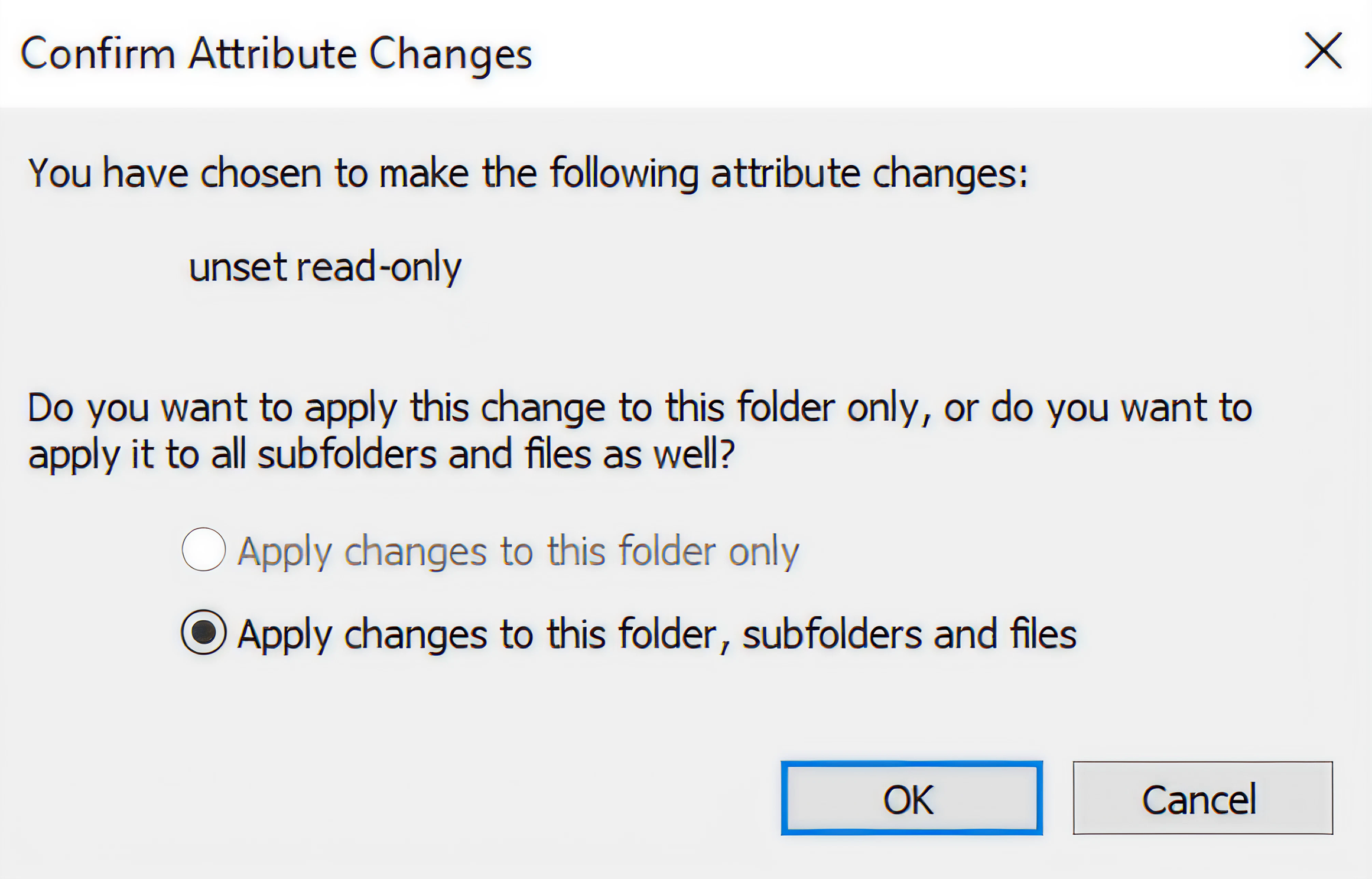 Confirmation dialog for changing folder attributes, including read-only settings and options.